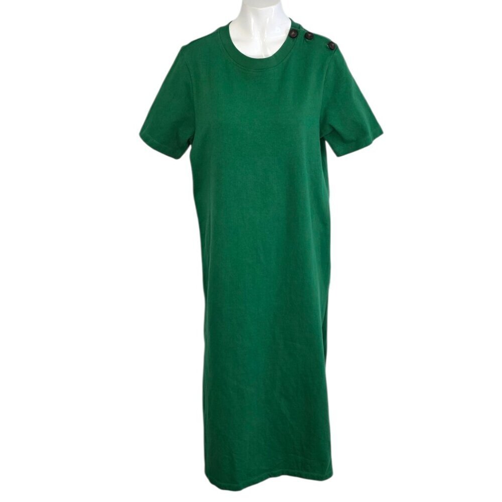 Sezane Emy Short Sleeve Midi Tee Dress, Organic Cotton, Green, Side Slit, L